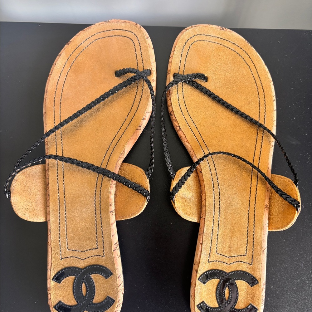 Chanel Woven Strap Toe Loop Sandals in Beige Cork